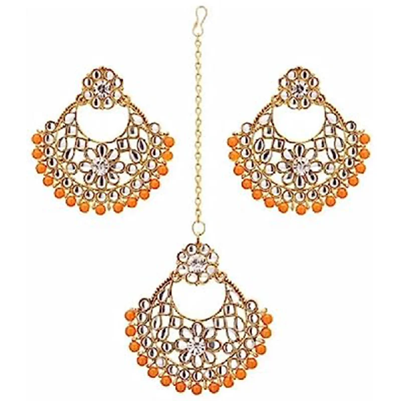 women’s cross earrings-Subhag Alankar Orange Alloy Jewel Set with Maangtikka