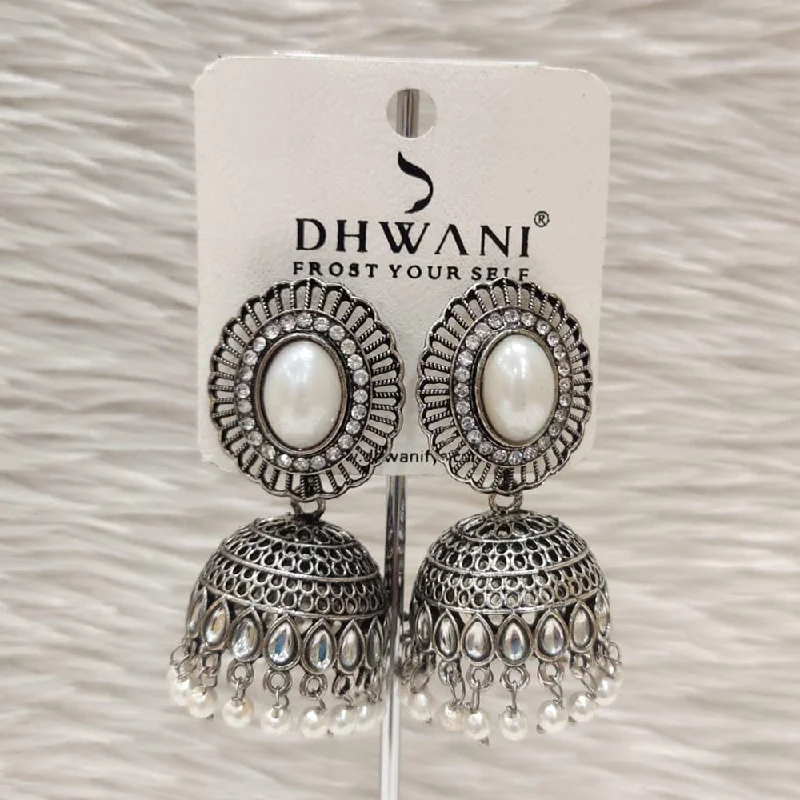 women’s dangle earrings-Dhwani Oxidised Plated Kundan Stone And Pearls Jhumki