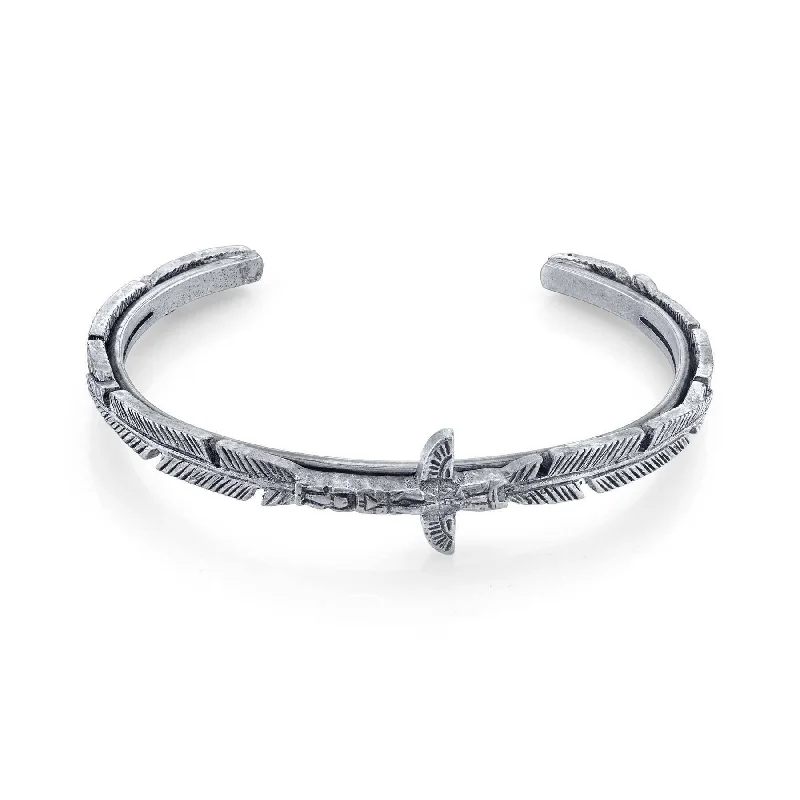 women’s gemstone bangles-T.R.U. Pewter Totem Pole Feather Cuff Bracelet