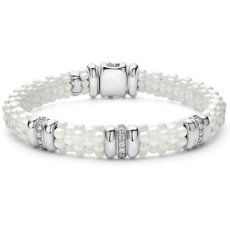 women’s friendship bracelets-Lagos Sterling Silver White Caviar Ceramic 3 Diamond Station Bracelet