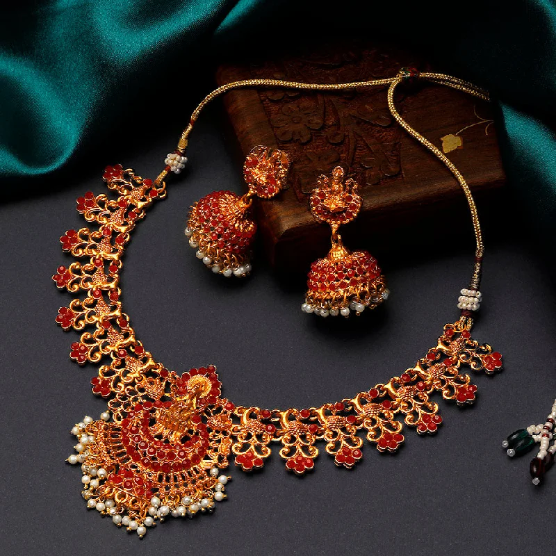 women’s trendy necklaces-Shrishti Fashion Traditional Laxmi Design Gold Plated Choker Necklace set For Women.