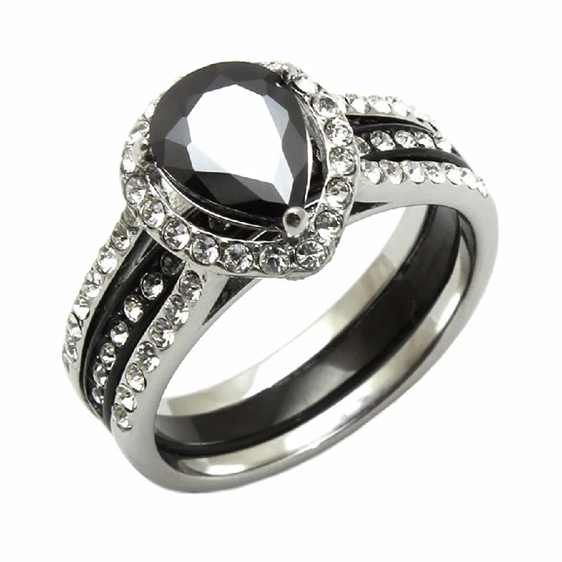 women’s diamond and sapphire engagement rings-9x7mm Black Pear Cut CZ Two Tone Black Stainless Steel Wedding Ring Set