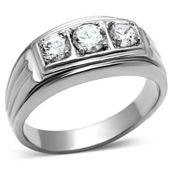 women’s multi-stone engagement rings-Three CZ Stone Stainless Steel Never Tarnish Mens Wedding Ring