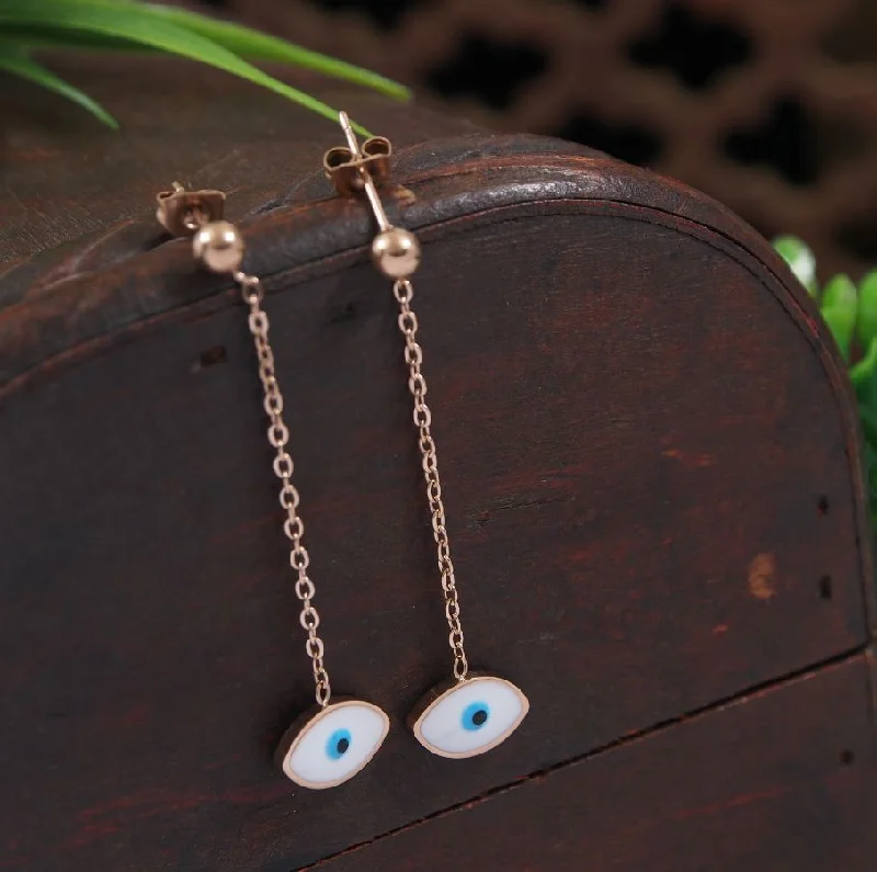 women’s artistic earrings-Tarohi Jewels Stainless Steel Rosegold Plated Evil Eye Chain Dangle Earring- STNER 4051