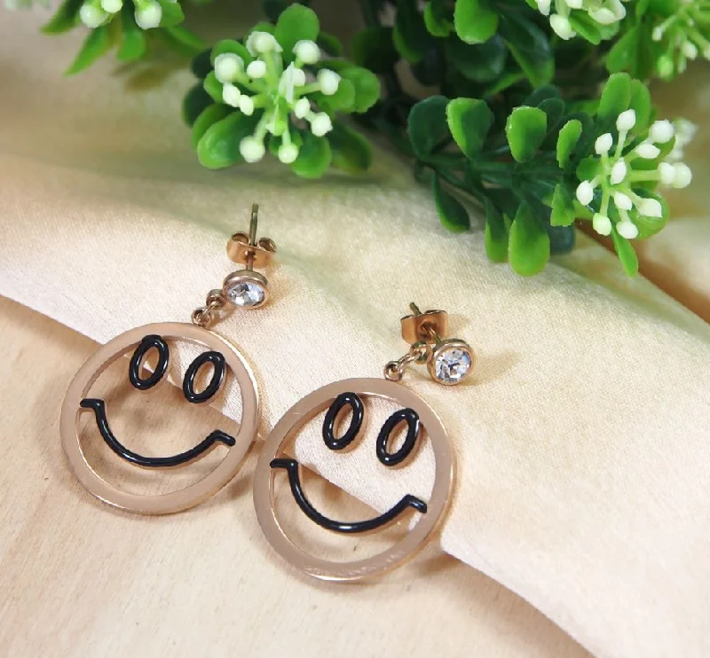 women’s circular earrings-Tarohi JewelsStainless Steel Rosegold Plated Smiley Face Earring- STNER 2703