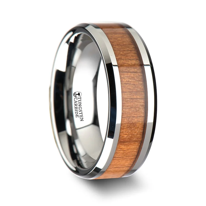 women’s emerald cut engagement rings-Thorsten Brunswick Tungsten Wedding Ring w/ Polished Bevels & American Cherry Wood Inlay (6-10mm) W1893-CRWI