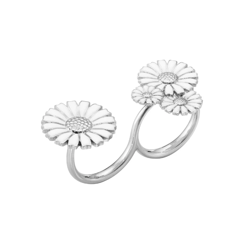 women’s diamond rings-Daisy Layered Double Silver Ring w. White Enamel