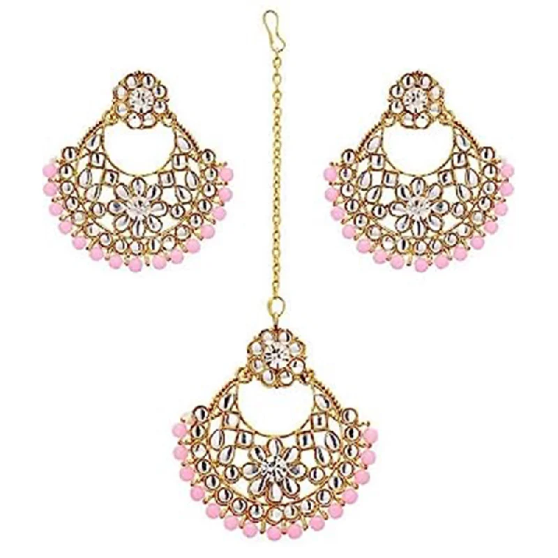 women’s leaf earrings-Subhag Alankar Light Pink Alloy Jewel Set with Maangtikka