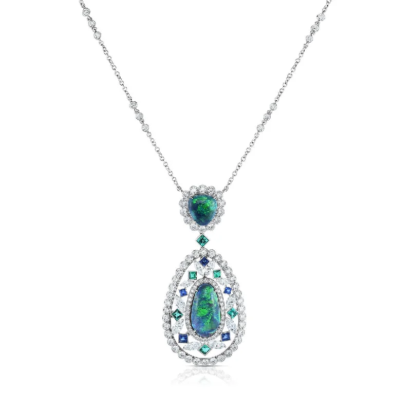 women’s artistic necklaces-Black Opal, Diamond, Sapphire, and Emerald Pendant Necklace