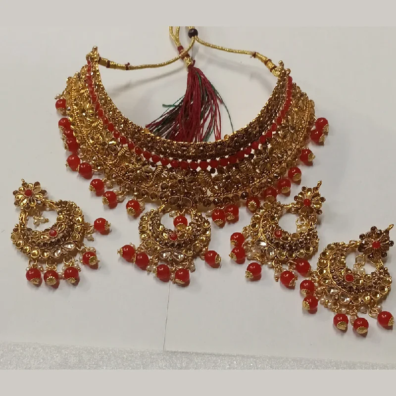 women’s custom design necklaces-Kumavat Jewels Gold Plated Kundan Stone And Beads Traditional Choker Necklace Set with Maang Tikka