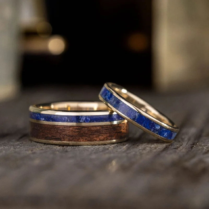 women’s blue sapphire engagement rings-The Guide & Cleo - Unique Lapis Lazuli  & Gold Wedding Ring Set