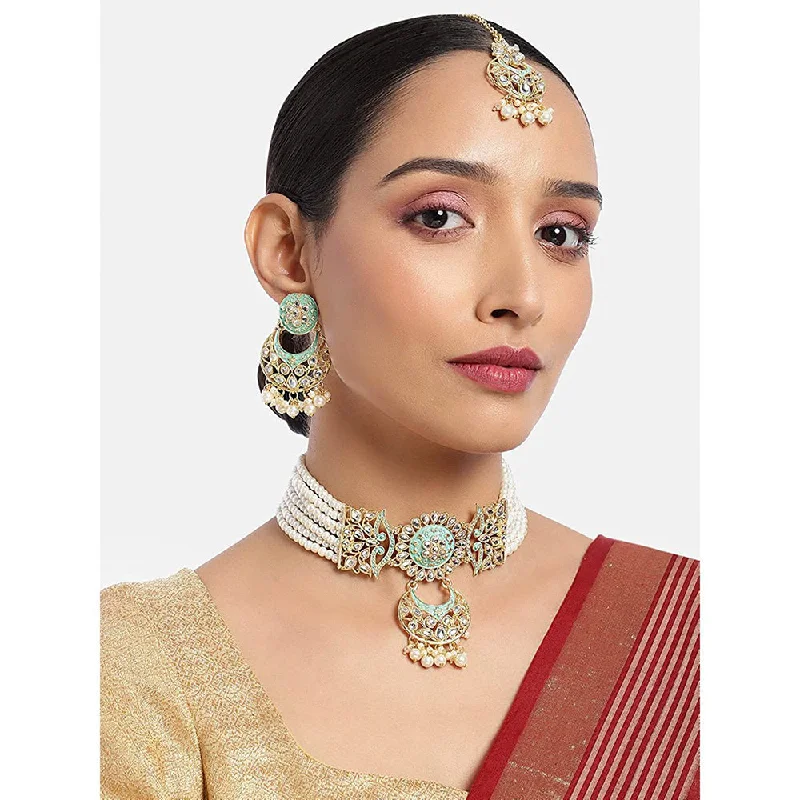 women’s love necklaces-Etnico 18K Gold Plated Traditional Kundan Studded Pearl Choker Necklace Jewellery Set For Women (ML291Min)