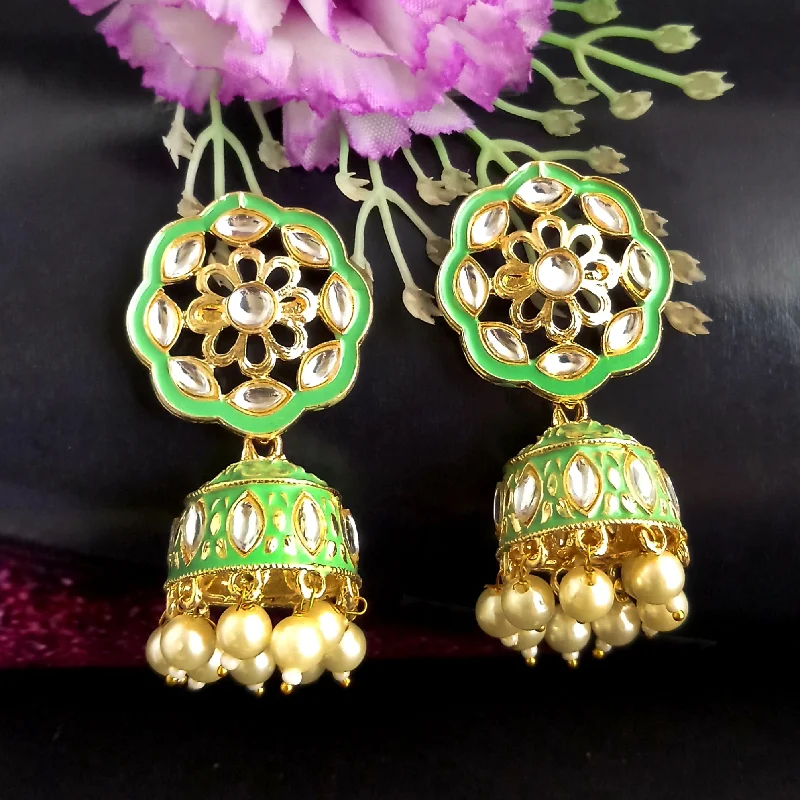 women’s simple drop earrings-PARSHWAM Light Green Glossy Meenakari Pearl Drop Jhumki