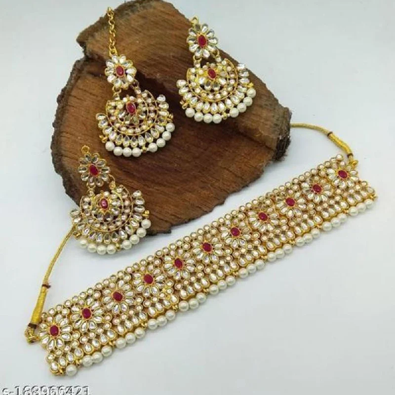 women’s gold necklaces-Lucentarts Jewellery Gold Plated Kundan Stone Necklace Set