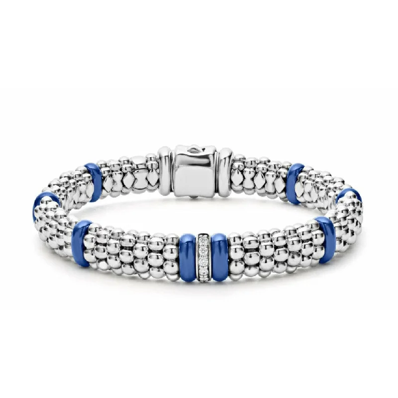 women’s designer bracelets-Lagos Sterling Silver Ultramarine Caviar Ceramic Single Diamond Station Bracelet