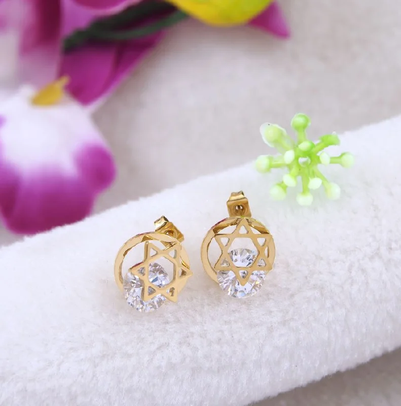 women’s ear studs-Tarohi Jewels Stainless Steel Gold Plated Cubic Zicron Star Shaped Stud Earring- STNER 4057