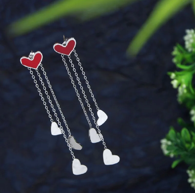 women’s sparkling earrings-Tarohi JewelsStainless Steel Silver Plated Heart Shaped Chain Earring- STNER 2742