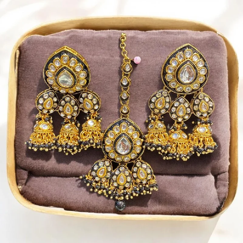 women’s gold drop earrings-Hira Collections Gold Plated Kundan Stone And Meenakari Jhumki With Maangtikka