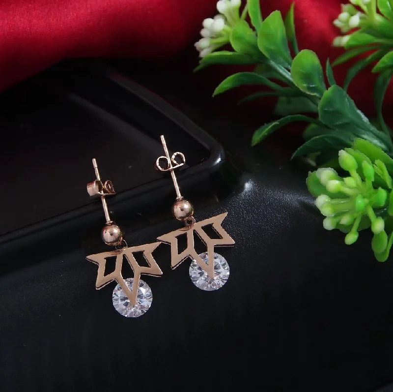 women’s zircon earrings-Tarohi JewelsStainless Steel Rosegold Plated Leaf Designed CZ Drop Earring-STNER 2868