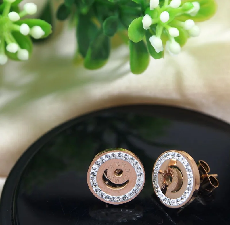 women’s birthday gift earrings-Tarohi JewelsStainless Steel Rosegold Plated Roman Numerals Stud Earring-STNER 2731