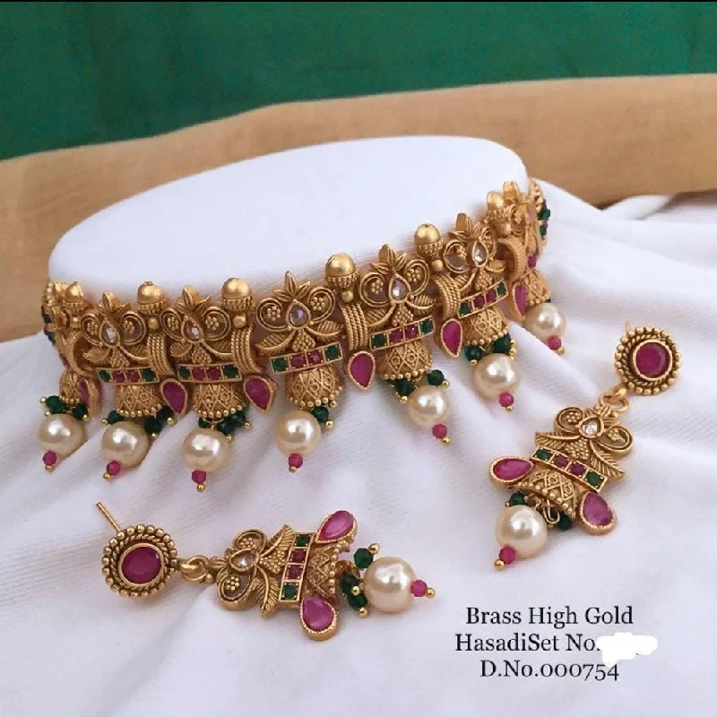 women’s multi-strand necklaces-Sai Fashion Gold Plated Kundan Choker Necklace Set