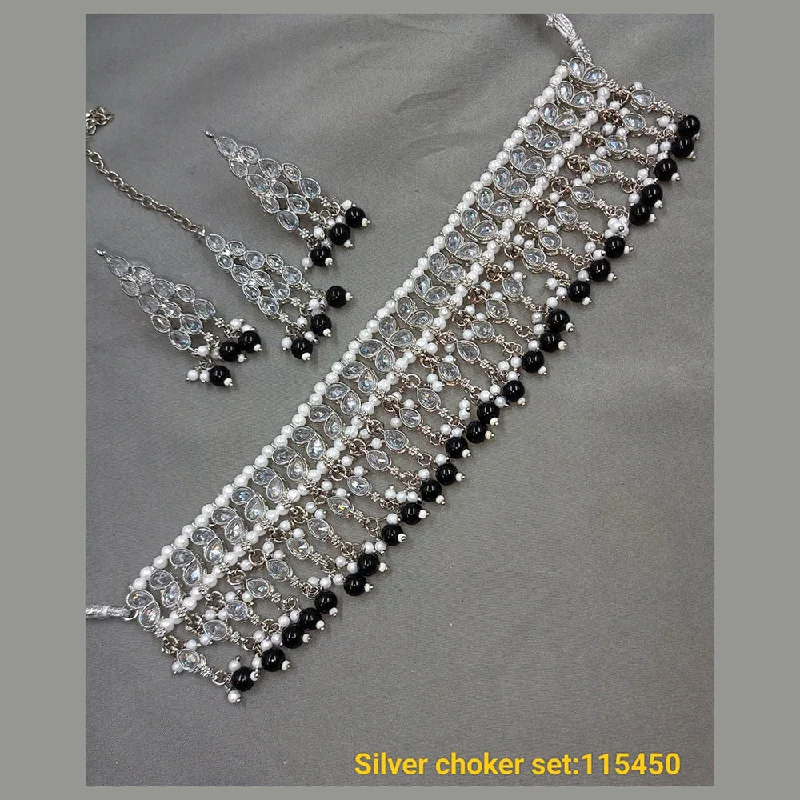 women’s flower necklaces-Padmawati Bangles Silver Plated Crystal Stone & Beads Choker Necklace Set