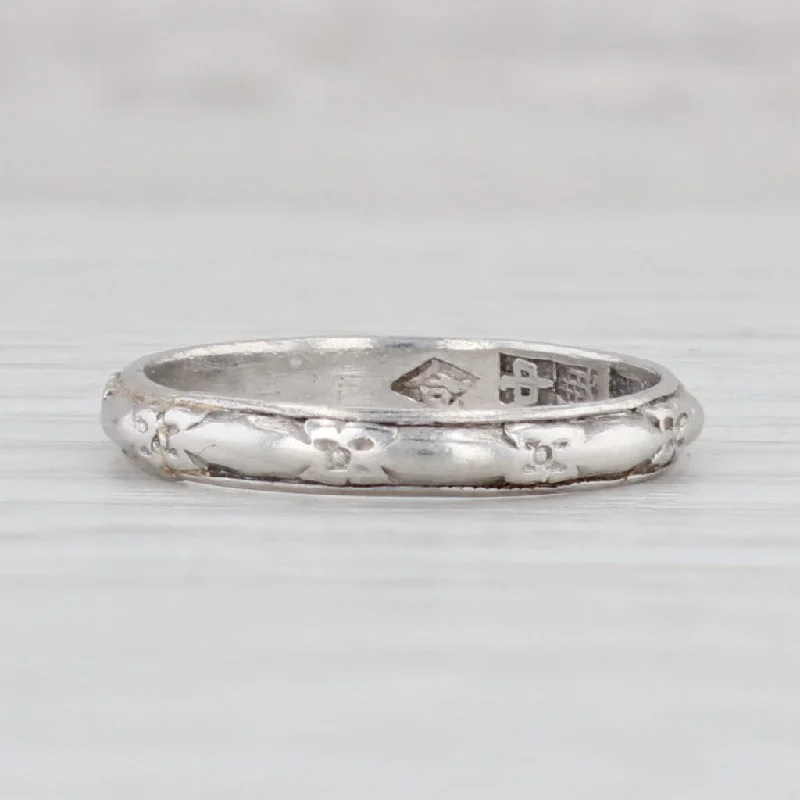 women’s engagement rings with a twist-Antique Floral Etched Band Platinum Wedding Ring Stackable Asian Hallmarks