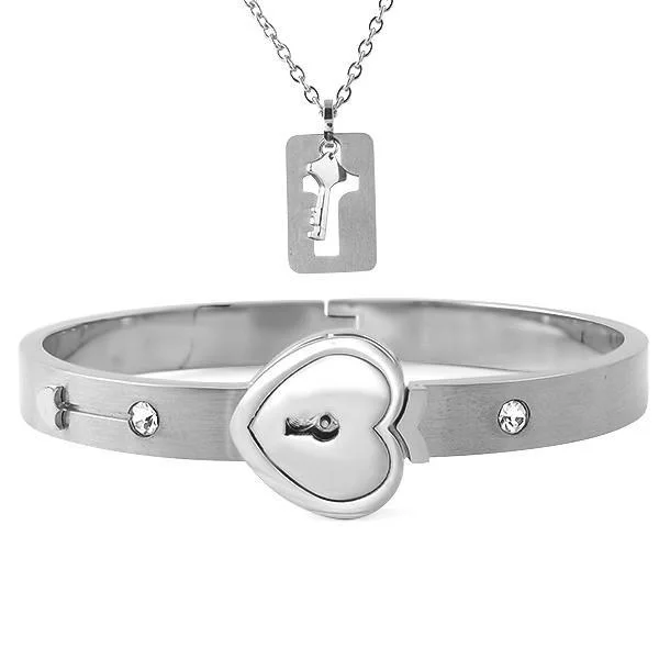 women’s stacked bangles-Heart Lock Bangle with Pendant Key Set