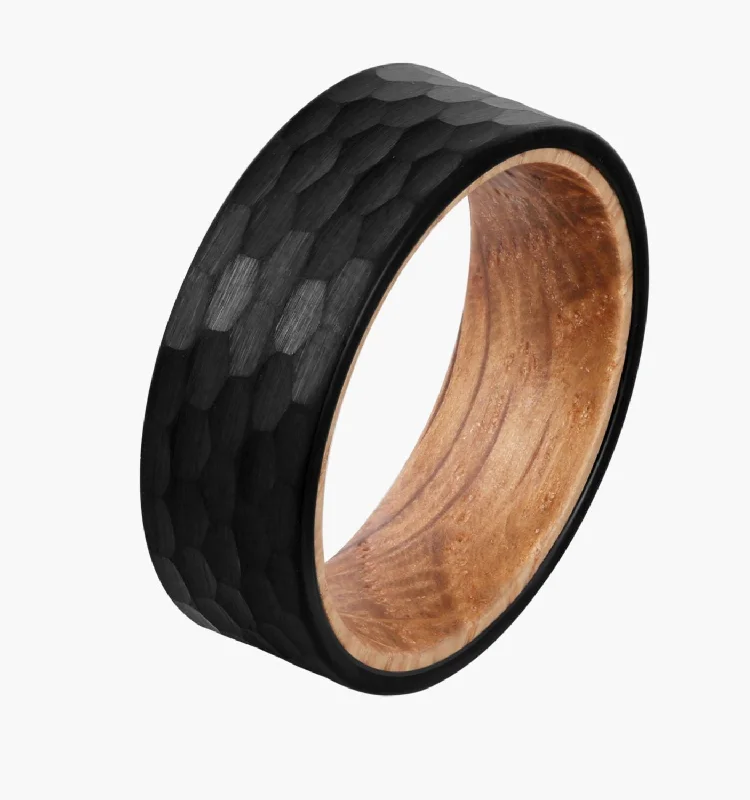 women’s luxury diamond engagement rings-Hammered Black and Wood Men's Wedding Ring