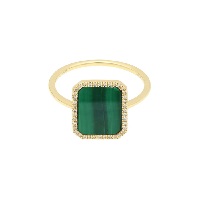 women’s pinky rings-Bague Semi Precious 18K Gold Ring w. Malachite & Diamonds