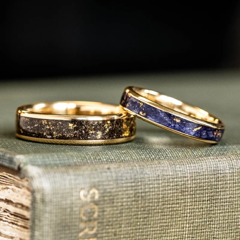 women’s ethical engagement rings-The Stargazer & Starry Night - Black and Blue Gold Wedding Ring Set