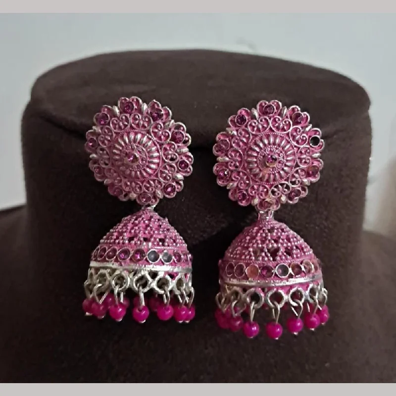 women’s amethyst earrings-H K Fashion Oxidised Plated Pota Stone And Pearls Jhumki