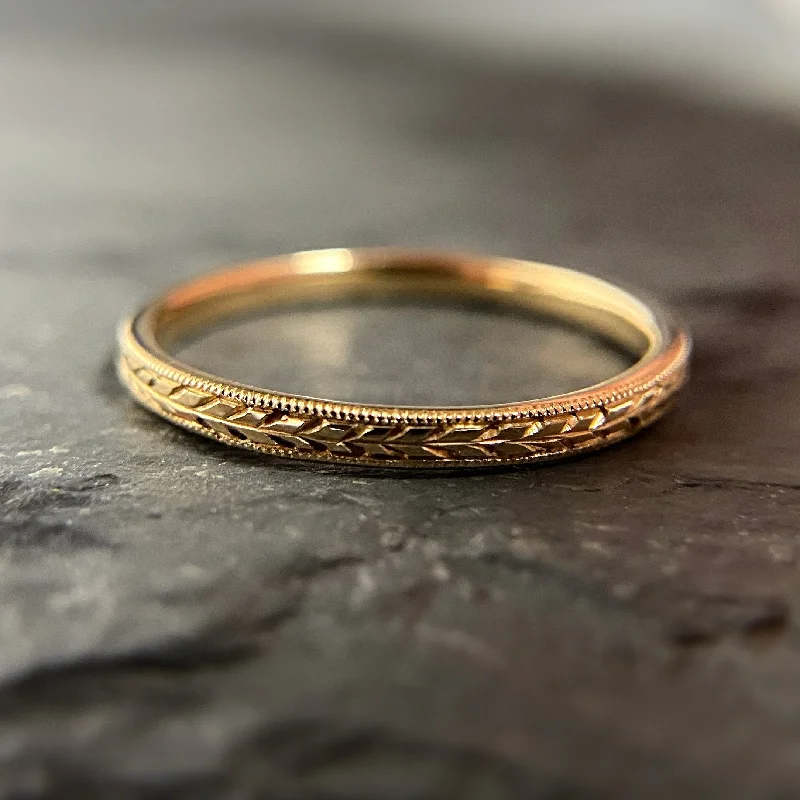 women’s cute rings-Hand Engraved 18k Wheat Band