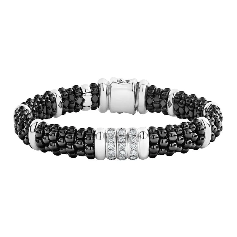 women’s engraved silver bracelets-Lagos Black Caviar Ceramic and Sterling Silver Diamond Station Bracelet