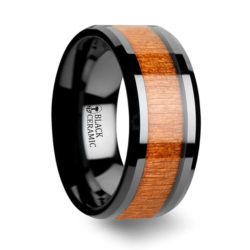 women’s stackable engagement rings-Thorsten Iowa Black Ceramic Wedding Ring w/ Polished Bevels & Black Cherry Wood Inlay (6-10mm) C1965-CRWI