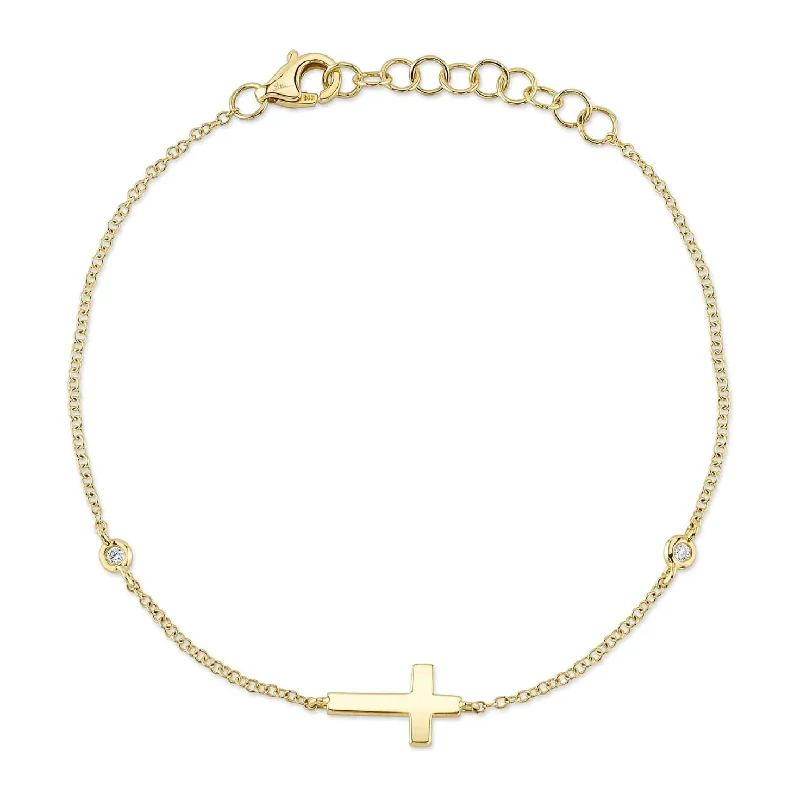 women’s stylish bangles-14K Gold Diamond Bezel Cross Bracelet