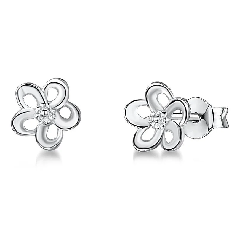 women’s adjustable earrings-Sterling Silver and Cubic Zirconia Flower Studs