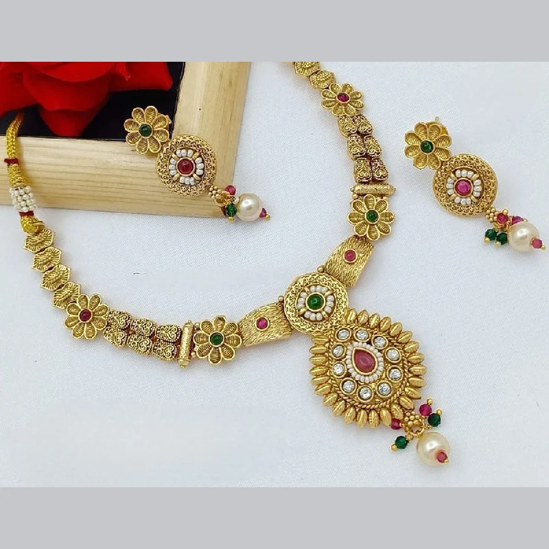 women’s gemstone necklaces-Lucentarts Jewellery Gold Plated Pota Stone And Pearl Necklace Set