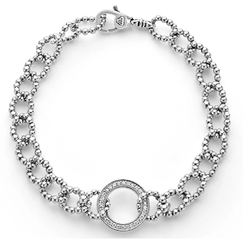 women’s vintage bracelets-Lagos Sterling Silver Caviar Spark Diamond Circle Beaded Link Bracelet