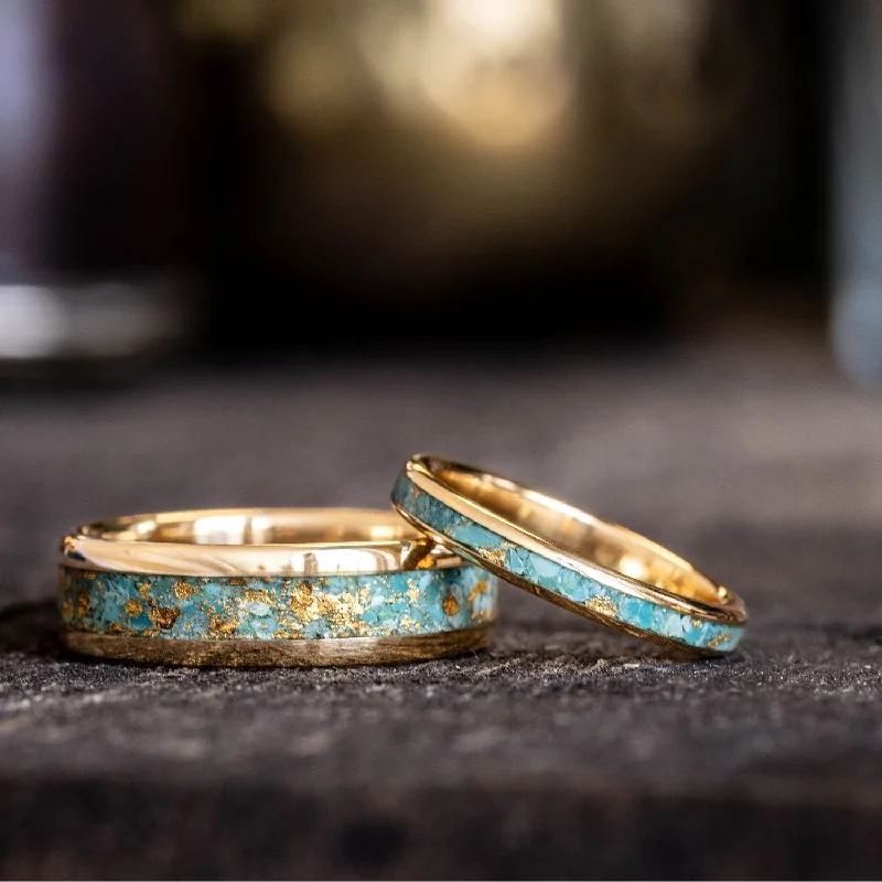 women’s engagement rings for her-The Phoenix - Matching Gold and Turquoise Wedding Ring Set with Gold Flakes