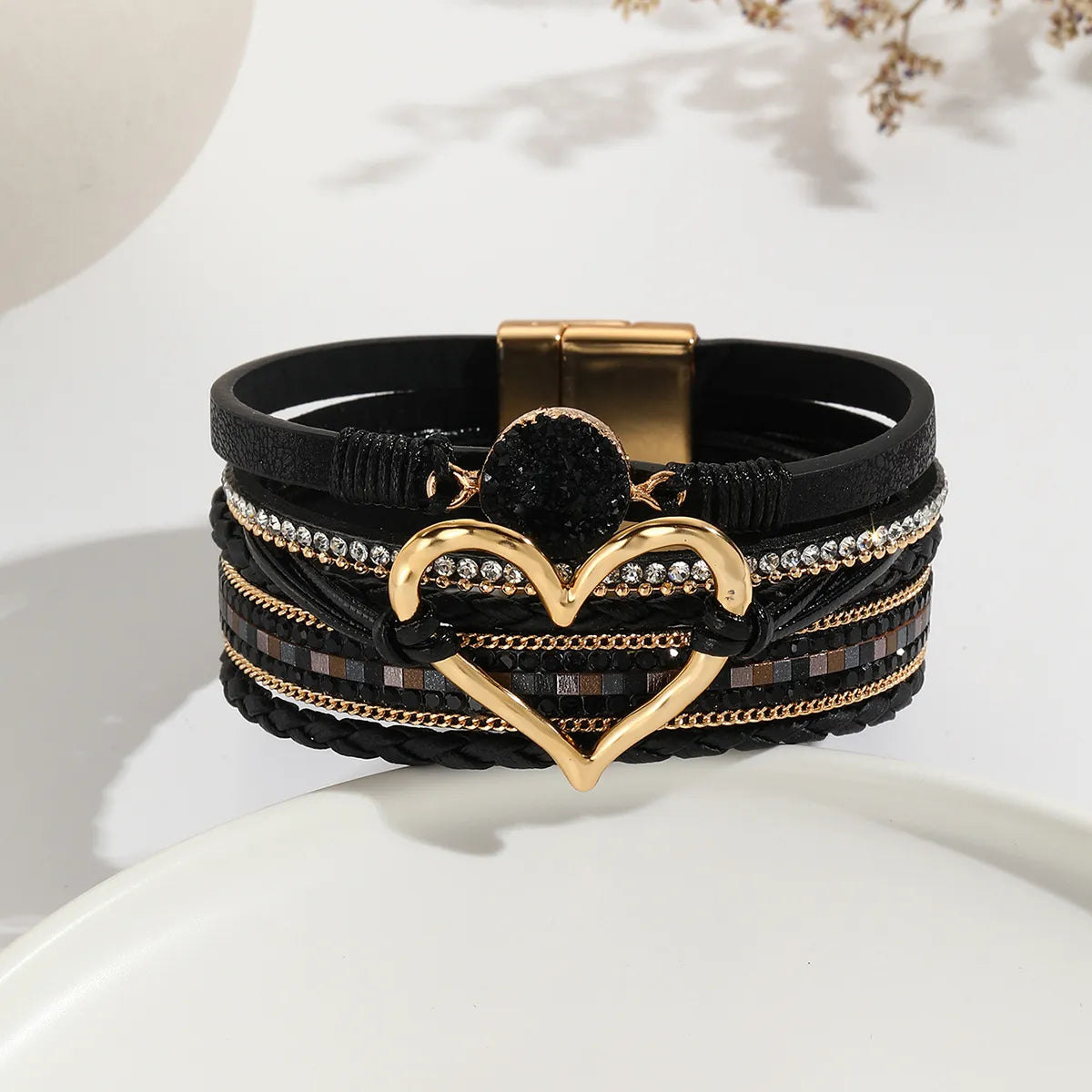 women’s large bangles-Elegant Classic Style Heart Shape Pu Leather Inlay Rhinestones Women's Bracelets