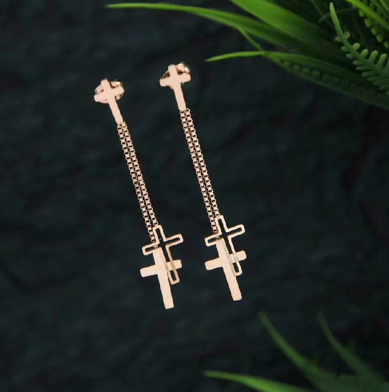 women’s glamorous earrings-Tarohi JewelsStainless Steel Rosegold Plated Cross Chain Earring-STNER 2741