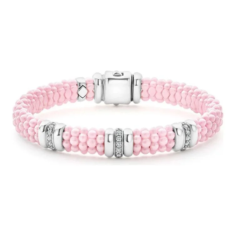 women’s anniversary bracelets-Lagos Sterling Silver Pink Caviar Ceramic Triple Diamond Station Bracelet