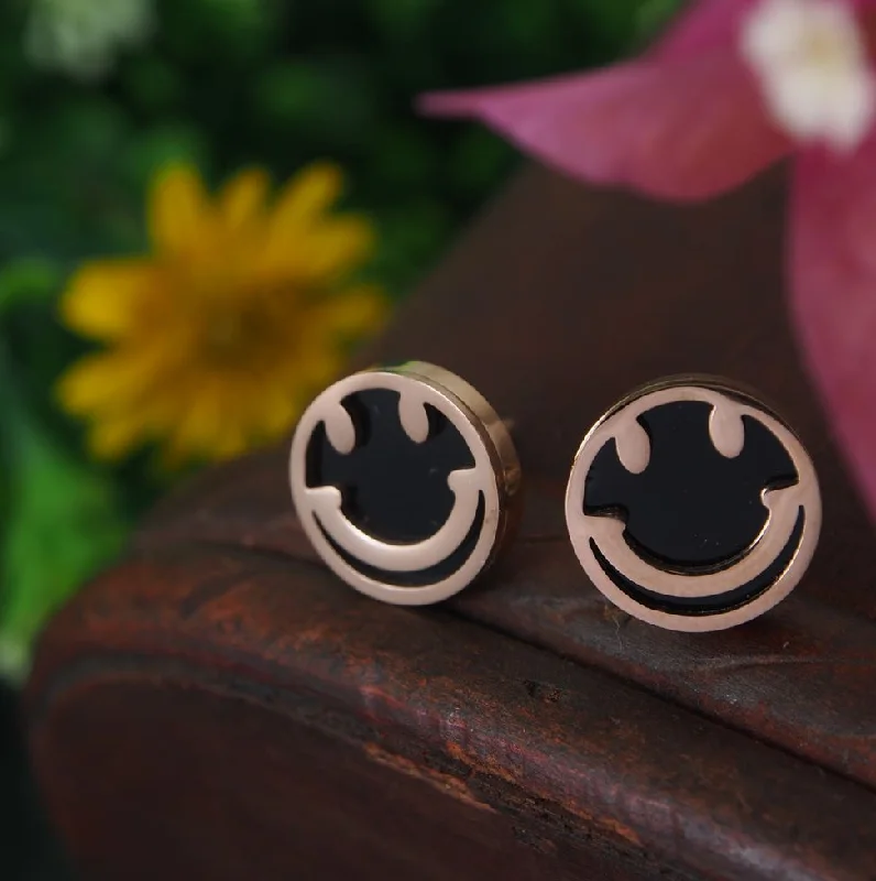 women’s cross earrings-Tarohi JewelsStainless Steel Rosegold Plated Smiley Face Stud Earring-STNER 2889