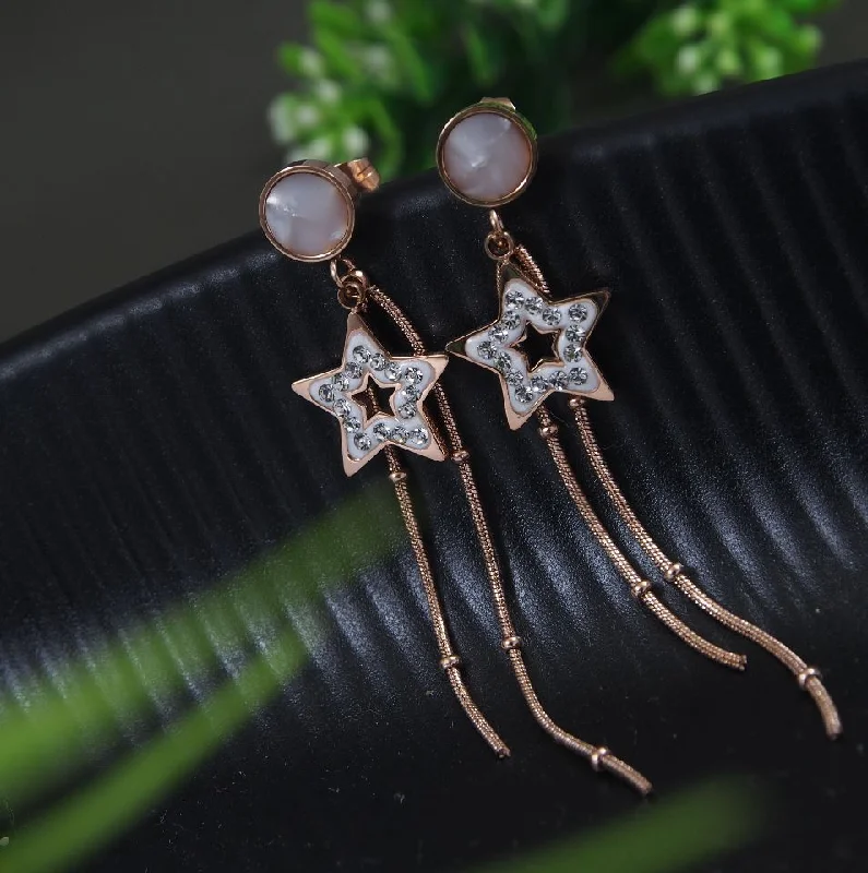 women’s gemstone stud earrings-Tarohi JewelsStainless Steel Rosegold Plated Star Designed Chain Earring-STNER 2826