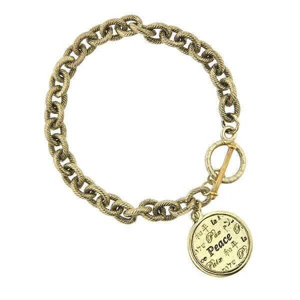 women’s sparkling bangle bracelets-1928 Jewelry Gold Multi Language Peace Medallion Textured Link Toggle Bracelet