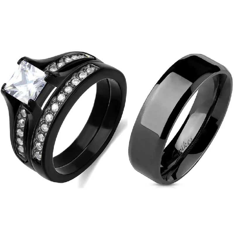 women’s engagement rings for big hands-Couple Ring Set Womens One Carat Princess CZ Black Stainless Steel Wedding Ring Set Mens Flat Band