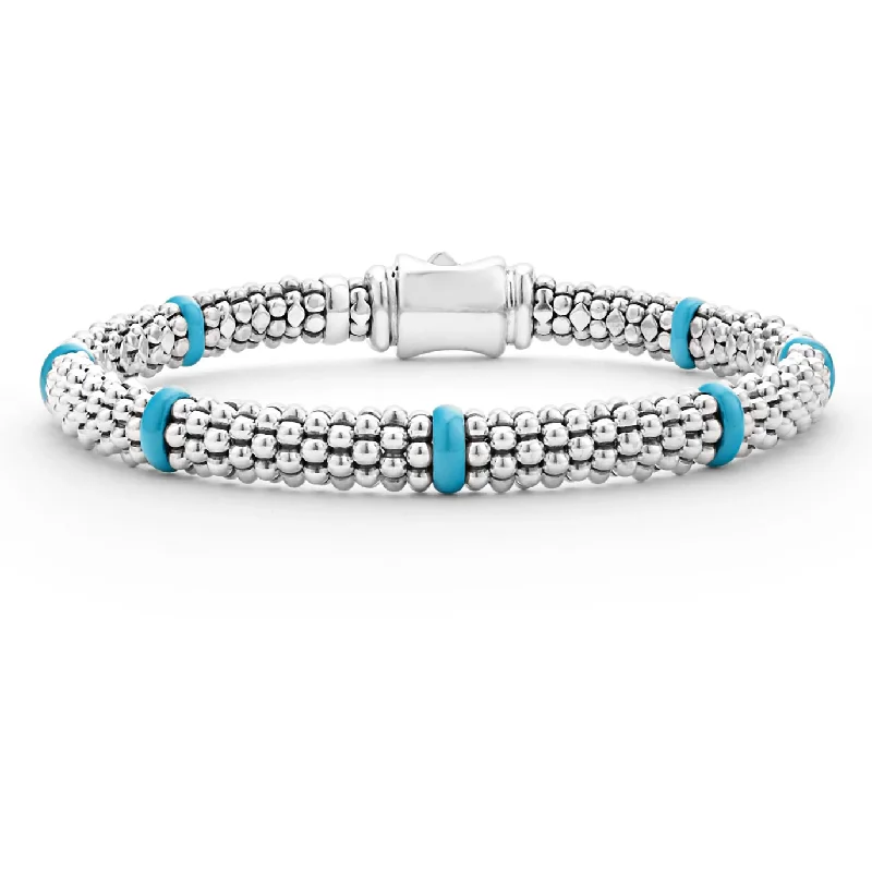 women’s classic gold bracelets-Lagos Sterling Silver Caviar Blue Ceramic 7 Station Bracelet