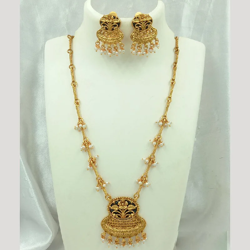 women’s chain link necklaces-Joyful Jewel Art Matte Gold Plated Pearls Long Necklace Set