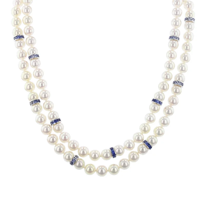 women’s boho necklaces-Akoya Cultured Pearl Double Strand Necklace with Sapphires